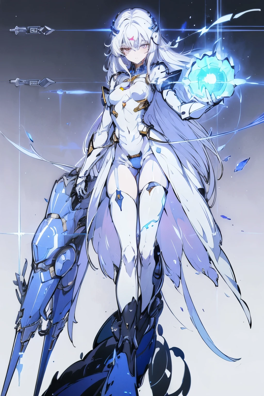 ((girl, Mecha)), Glowing eyes, Delicate face, Damaged Armor, Mechanical aura, Mechanical arm, White hair, Long hair, Ceramic body, Thigh clearance, Small breasts, Network Background, Very nice city, (translucent, Reflective Skin), 8k, best quality, Super detailed, (Surrealism: 1.4),  