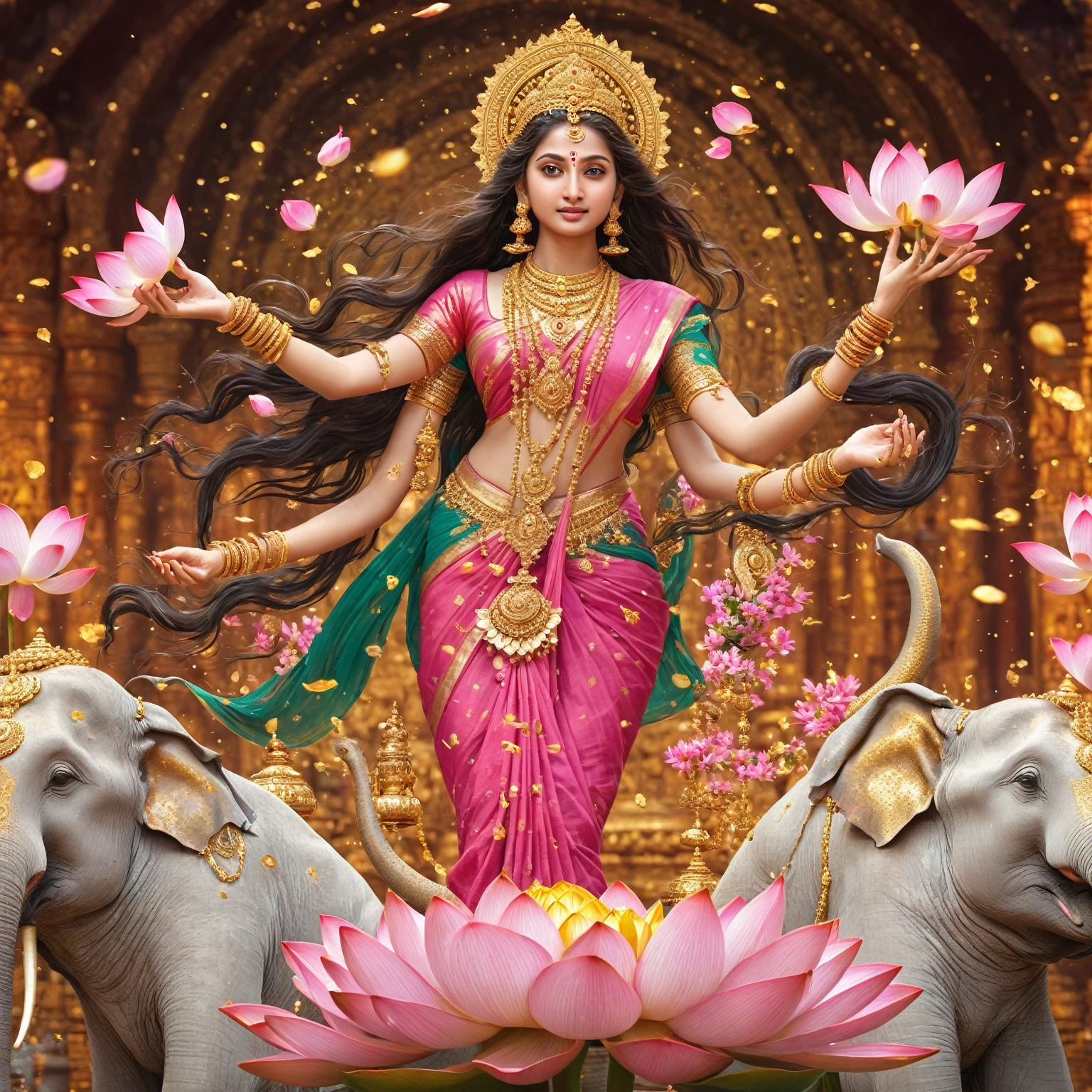 A beautiful goddess standing on a lotus, goddess of prosperity and wealth, she has four hands, first and second hands are holding a lotus, third hand is carrying a gold pot from which gold coils are fallin down, fourth hand is giving blessings, goddess is standing on a big pink lotus, two mini elephant are throwing flowers to please her from both sides, she is wearing a saree, intricate detailed ornate golden jewelry, flowing ethereal dress, serene expression, long flowing hair, surrounded by magical glowing particles, dramatic lighting, cinematic composition, fantasy, highly detailed, 8k, photorealistic, avoid body deformation, avoid anime theme, avoid cartoon theme, highly detailed body with slim and fit figure, highly detailed, hyper realistic, ultra realistic,