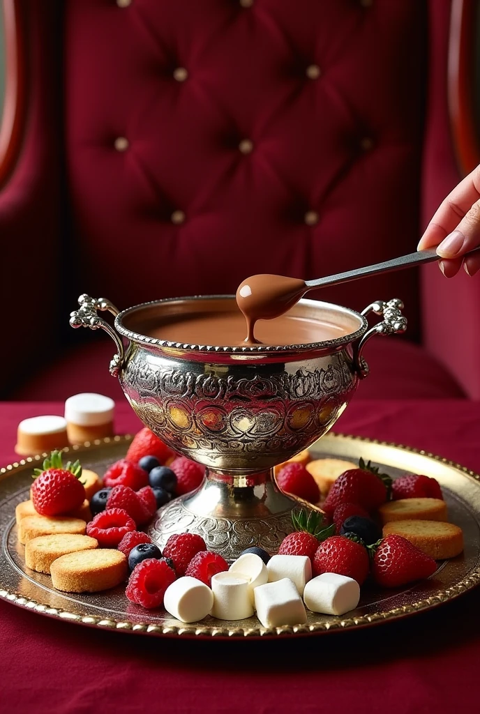 Make an image of a chocolate fondue that generates desires and with things that refer to the Carmen Steffens brand. more luxurious
