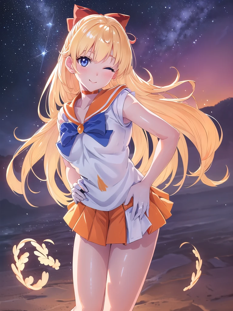 sv1, Sailor Warrior Uniform, Orange Skirt, Elbow hand pockets, tiara, Pleated skirt, mini skirt, Red Bow, Orange Choker, White gloves, jewelry, Outdoor, Surrounded by magical rainbows and sparkles, Against a bright, shining, fantastical background, Leaning forward, forward hands, break looking at viewer, (Cowboy Shot:1.5), break (masterpiece:1.2), Highest quality, High resolution, unity 8k wallpaper, (figure:0.8), (Beautiful attention to detail:1.6), Highly detailed face, Perfect lighting, Highly detailed CG, (Perfect hands, Perfect Anatomy), (3D Face:1.1), (Shiny skin:1.5), (超High resolution intricate face details), (Facial skin pores:1.3), 超High resolution cloth texture, seductive smile, one eye closed, Blushing, Showing off her perfect legs