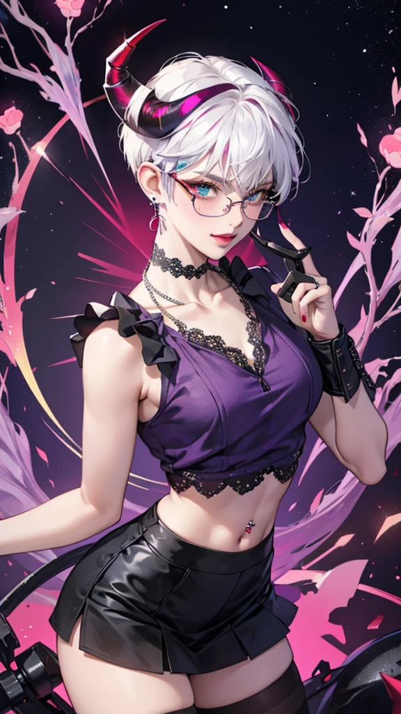 8k, masterpiece, best quality, highly detailed, 1 girl, tiefling, warlock, multicolored hair, very short straight hair green highlight hair on white hair, strippled hair, wearing glasses, round glasses, earrings, red eyeshadow, long eyelashes,navel piercing, blushed cheek, necklace, collarbone, high heels, mole, glamorous, purple and teal clothing, villainy, smirk, seductive face, close up view, rings, looking at viewer, standing, demon horns, solo, hand touching cheek, library, black lace gloves, holding book, miniskirt.
