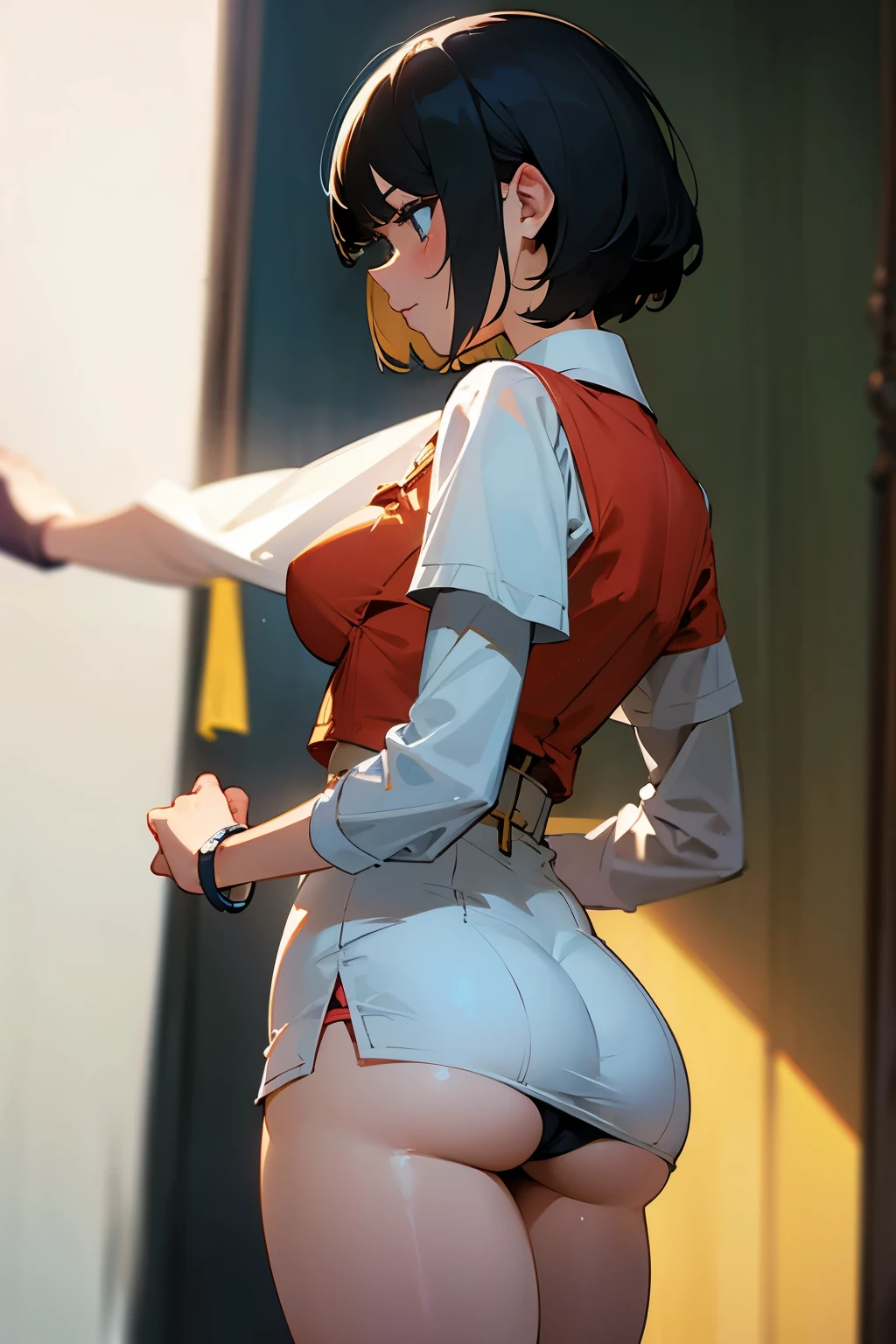 ((best quality)), ((masterpiece)), (detailed),short hair,hot pants,medium sizd boobs,thick thighs,black hair, soft and proper ass