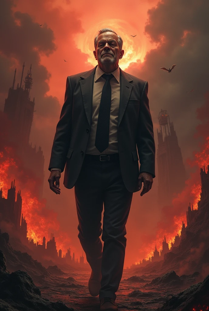 Man in suit waking up in despair in hell 
