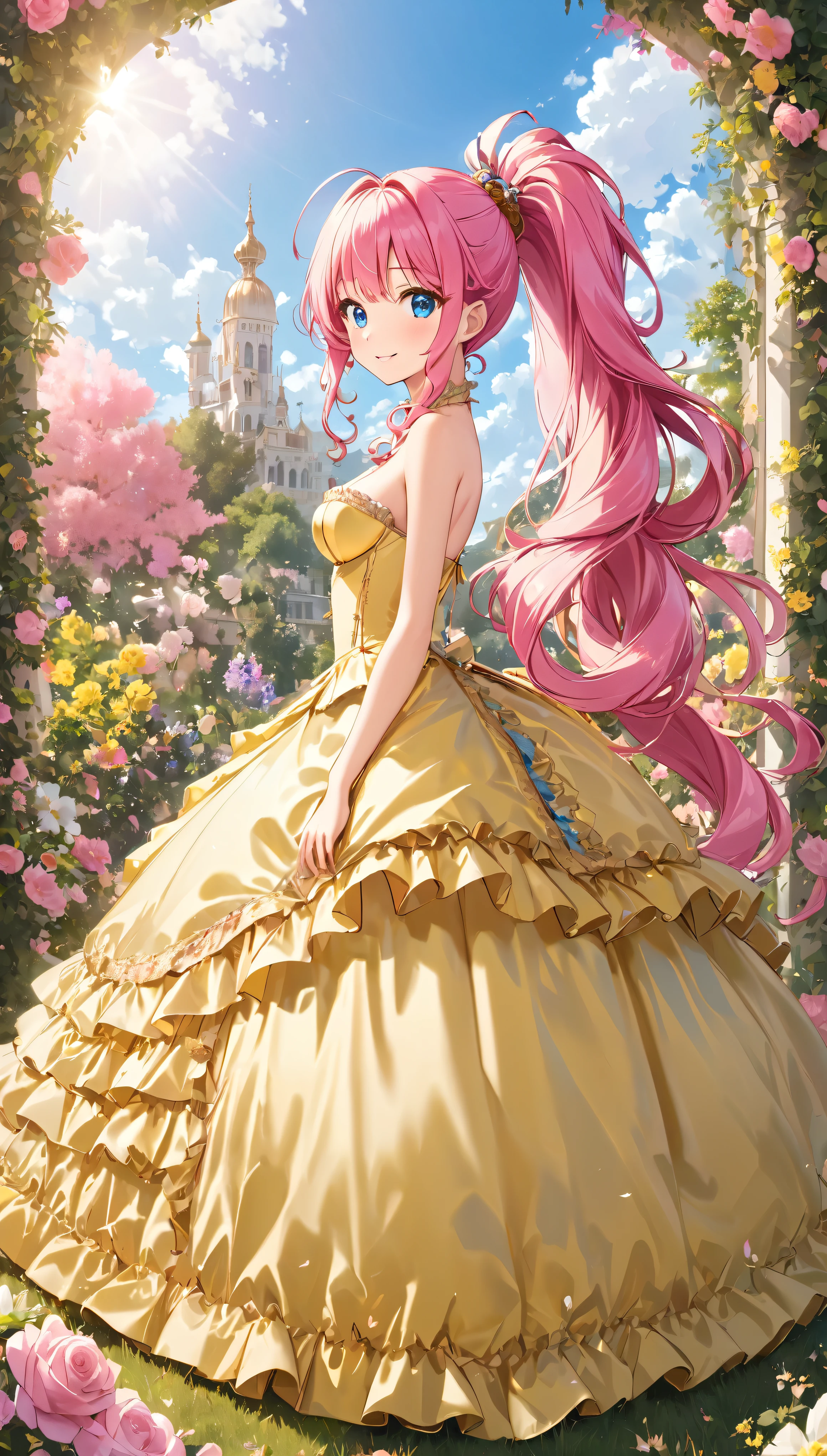 ((Extremely detailed depiction, Super detailed, Exquisite quality, Ultra-high resolution)), cowboy shot, ((A Rococo Victorian gown featuring a voluminous, huge, full-length hoop skirt and a long hem, Princess style skirt))), (((Light yellow satin:1.5))), ((Complex structure, Multi-layered ruffle skirt)), (Glorious reflection, prism, pure white), (((ソロの若いprincess))), Ultra-detailed and detailed face, Very cute face, Cute Smile, (((Pink Hair, ponytail))), Fluffy and smooth curly hair, Expressive hair, Super voluminous long hair, (Blunt bangs, princess_cut), Huge breasts, Cleavage, (Focus on the face:1.5), (((head tilt, looking at viewer, from side view:1.7))), (clear sky:1.2), Super detailedな肌, Skin Dentition, Eyes Blue Eyes, (((Perfect Anatomy))), Colorful flowers in full bloom, (((Surrounded by lots of flowers))), Depth of written boundary, Particle Effects, Caustics, reality, textile shading, 