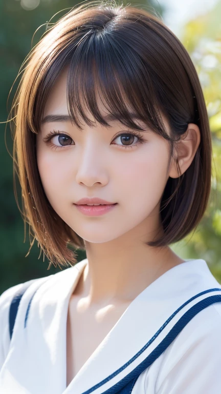 (8k, Photorealistic, RAW Photos, Best image quality: 1.4), Japanese schoolgirl、Short Bob、Super detailed face、Eye on the details、double eyelid、Sharp focus:1.2、Beautiful woman:1.4、Light brown hair、Highest quality、masterpiece、Ultra-high resolution、(Photorealistic:1.4)、Highly detailed and professionally lit smiles、school uniform、Shoulder out、blush、Open your mouth a little、Put your hands on your face