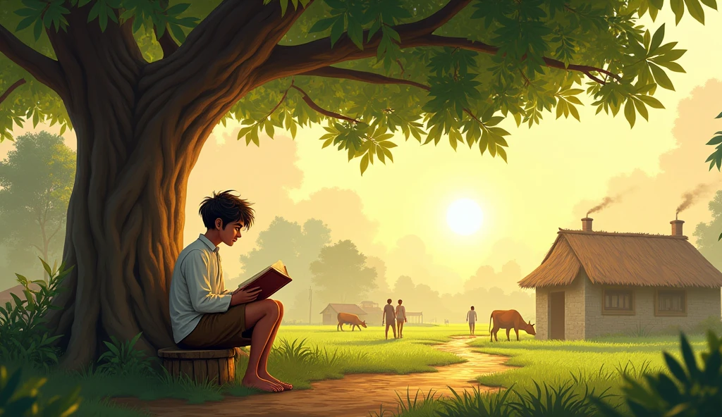 A picturesque rural village scene set in the early morning. In the foreground, a young boy, around 20 years old, is sitting cross-legged on a simple wooden stool under the shade of a large banyan tree. He is wearing traditional clothes: a white kurta and brown shorts. The boy is deeply engrossed in reading a book, with a look of concentration and curiosity on his face. His hair is slightly messy, indicating a natural, carefree style. The background features small thatched-roof huts with smoke rising from chimneys, indicating that the villagers are starting their day. Lush green fields surround the village, and a few cows are grazing nearby. The sun is just beginning to rise, casting a warm golden hue over the entire landscape, highlighting the tranquility and simplicity of rural life. A few villagers can be seen in the distance, walking and tending to their daily chores, while a gentle breeze rustles the leaves of the banyan tree.