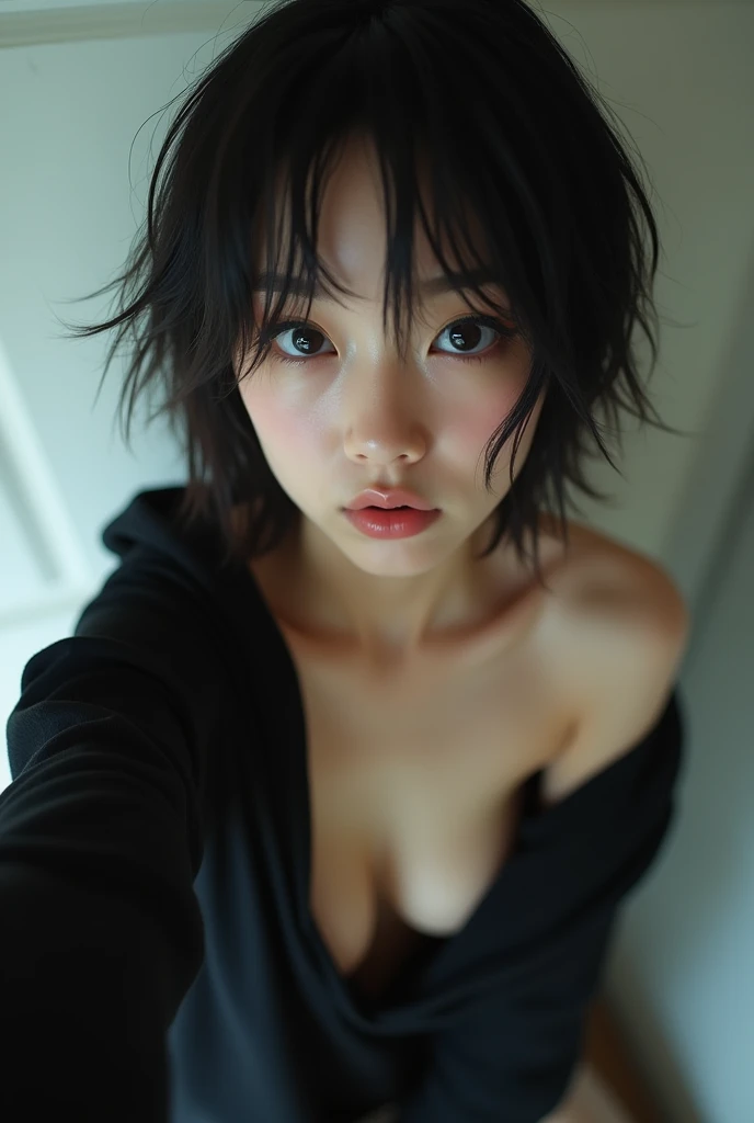 absurdres,, (1girl:1.2), (abs:1.23),huge_breasts、unity Dynamism,forward leaning posture、she looks away, Loose-fitting clothing、Blurred Background、Sagging breasts、(black clothes:1.5)、(Close-up:1.55)、Photorealistic、Japanese、The Beauty of the Japan、Very Short Hair、Boyish Girl、Selfie、Selphy、