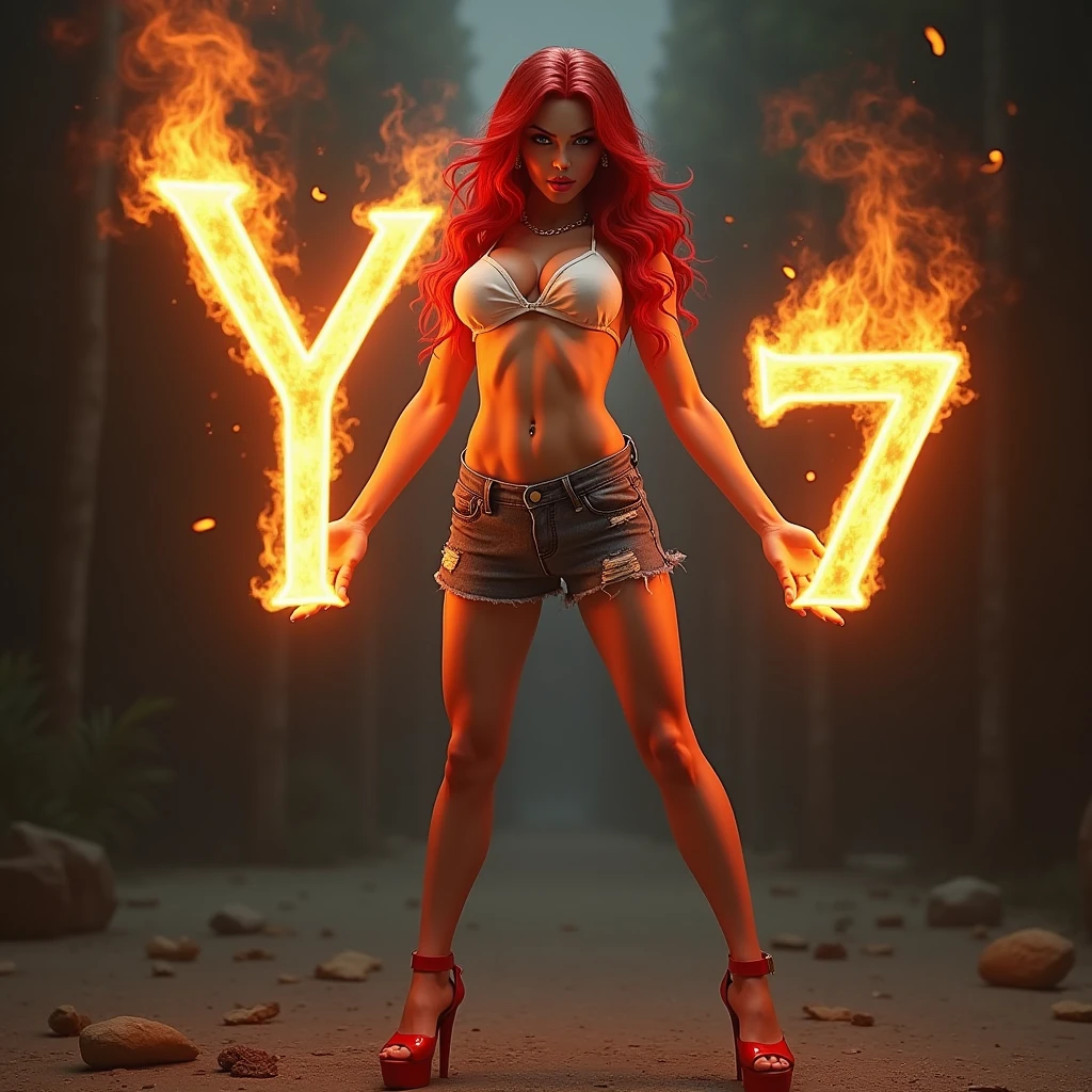 Red-haired woman with an evil face, with white bikini, denim skirt and red high heel sandals, holding the letter Y of fire in the right hand and the number 7 of fire in the left hand.
