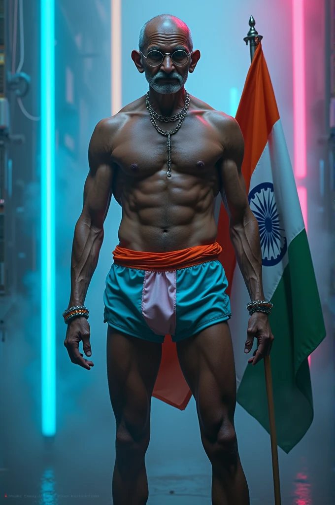 Mahatma Gandhi with muscle abs detailed with Indian flag in hand  fog cyberpunk background with blue and pink lights in innerwear shorts flexing muscle 