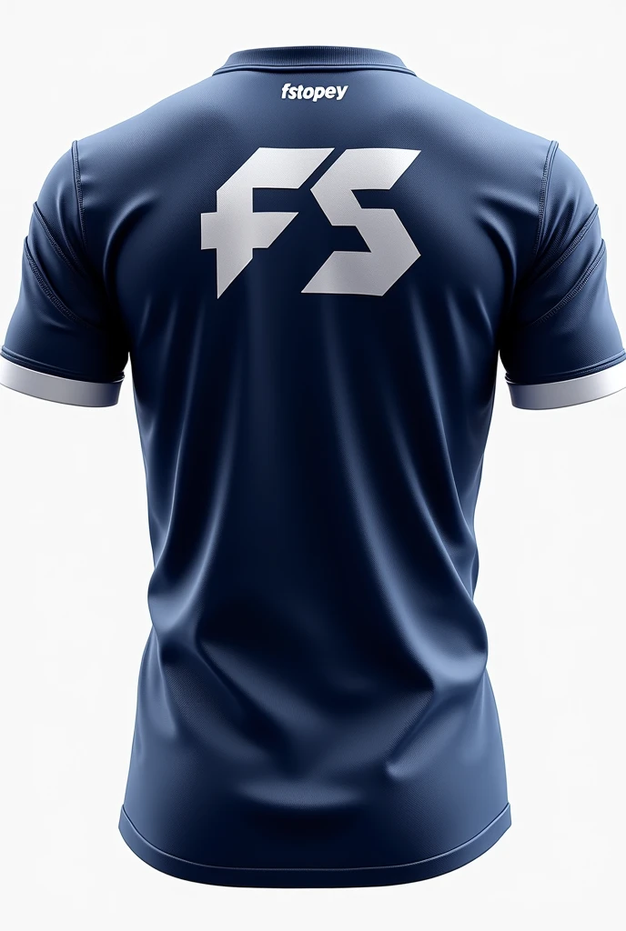 Creat a esports jersey with FS LOGO BACK SIDE OF JERSEY AND PLAYER NAME FSTOPEY IN UPPER BACK IN nein blue AND WHITE COLOR only jersey dont show dummy