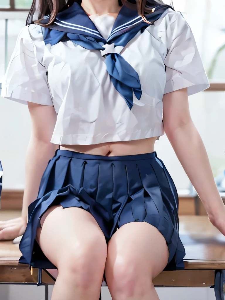 Masterpiece、Highest quality、lower body focus、Super detailed、Only from the neck down　画面いっぱいのSailor suit、Head is cut off　Japanese school girl uniform、Sailor suit、紺色のSailor suit、Pleated skirt、Navy Blue Skirt　Soft thighs、Muscular belly、belly button　navel focus、from the neck down focus、View from the neck down、belly buttonをドアップ、belly buttonをクローズアップ、My stomach is close、Bring your stomach closer