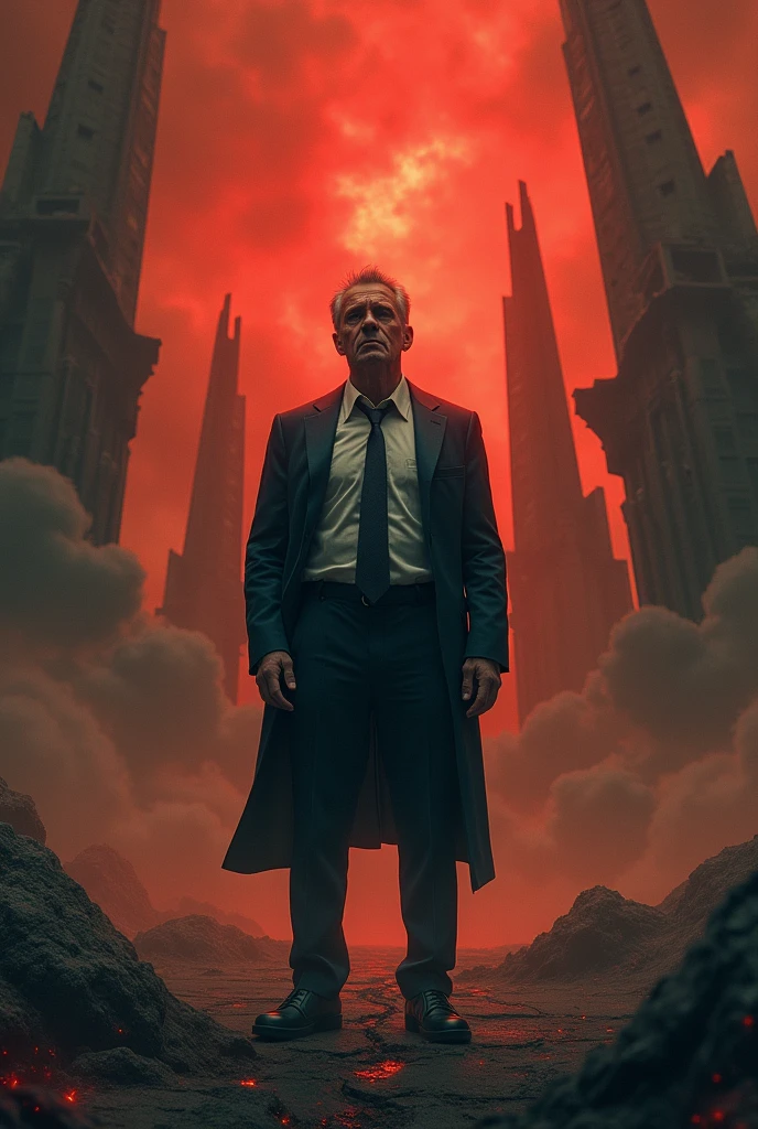 Man in suit waking up in despair in hell