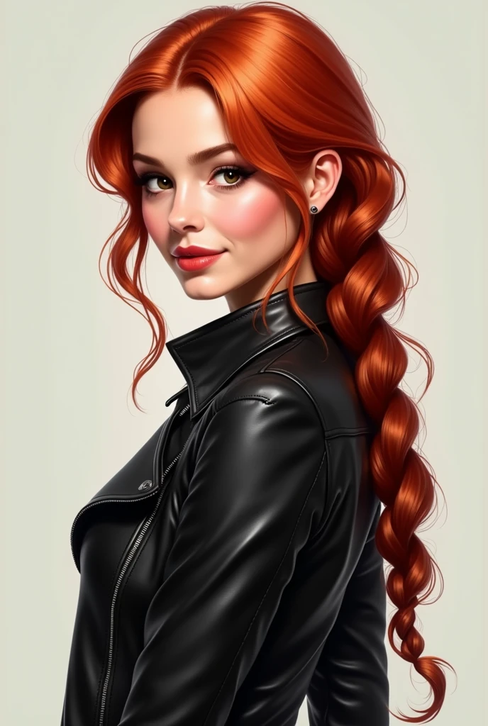 a pretty young redhead woman with a long braid wearing a leather jacket