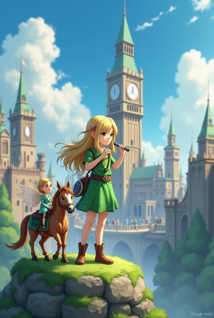 A white blonde anime girl with a green tunic and a green skirt with a fairy and a baby horse with a sword and shield on her back playing an ocarina on top of a rock and in the background an ancient city with a large clock full of people.