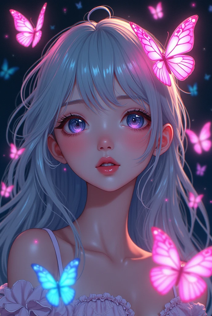 beautiful anime girl with neon butterflies , beautiful, stunning, ultra HD,, ultra hd ,