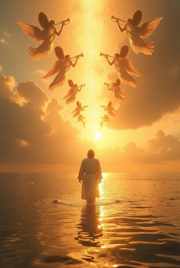 Jesus walking on the water at sunset ( sol visivel) 8,000 angels with trumpets descending in a line from the clouds