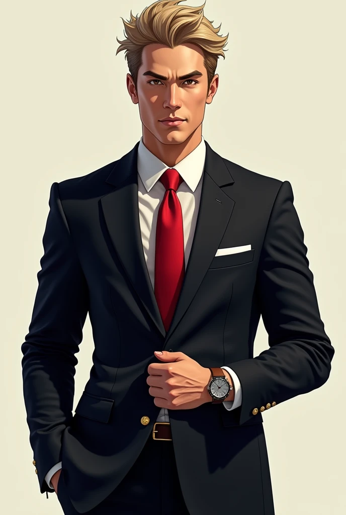 ((best quality,4k,highres,masterpiece:1.2)),((character concept art)), 1 male, 4 Japanese-American man, tech billionaire, business tycoon, ((dark blond hair)), mix-Asian look, attractive, outgoing, ((BDSM enthusiast)), athletic body, tall, charming yet dominating smile, light brown eyes, ((intricate detail)), super finely detailed hands, ultra finely detailed fingers(((ten fingers))), well-groomed and well-dressed, ((wearing a tailored dark suit from Tom Ford, crisp white shirt, and a bold red tie, symbolizing power and dominance. Accessorized with a luxury wristwatch from Patek Philippe and a subtle leather wristband, hinting at his hidden interests)). He is standing confidently, (full body showcase), (show full body), (no logos on background), (no logo), ((plain background)), ((plain background)), (((empty background))).