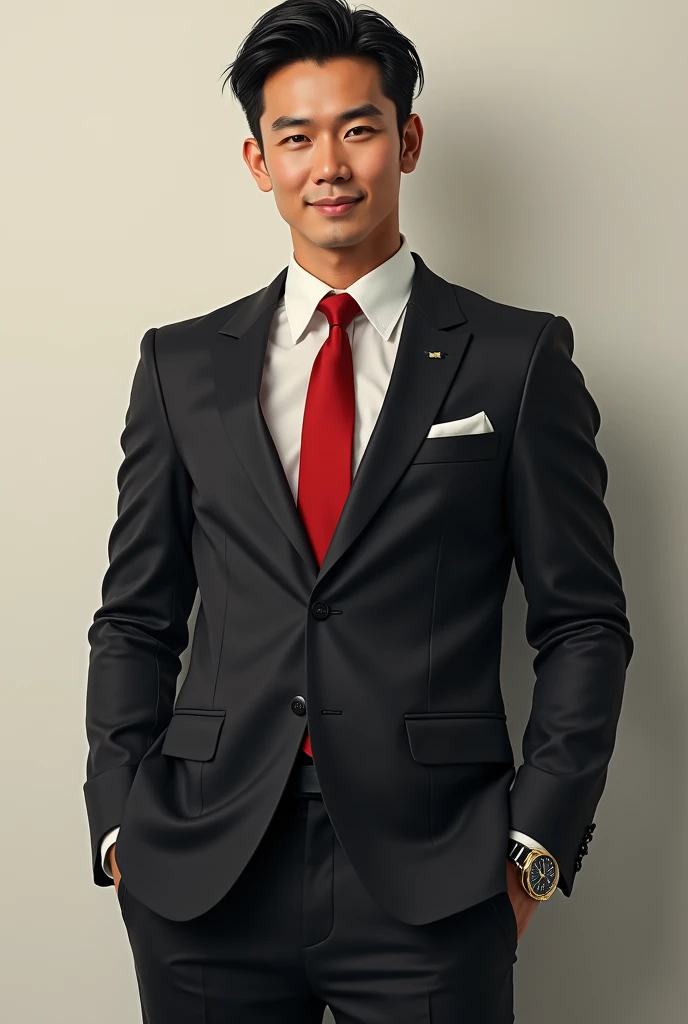 ((best quality,4k,highres,masterpiece:1.2)),((character concept art)), 1 male, 4 Japanese-American man, tech billionaire, business tycoon, ((dark blond hair)), mix-Asian look, attractive, outgoing, ((BDSM enthusiast)), athletic body, tall, charming yet dominating smile, light brown eyes, ((intricate detail)), super finely detailed hands, ultra finely detailed fingers(((ten fingers))), well-groomed and well-dressed, ((wearing a tailored dark suit from Tom Ford, crisp white shirt, and a bold red tie, symbolizing power and dominance. Accessorized with a luxury wristwatch from Patek Philippe and a subtle leather wristband, hinting at his hidden interests)). He is standing confidently, (full body showcase), (show full body), (no logos on background), (no logo), ((plain background)), ((plain background)), (((empty background))).