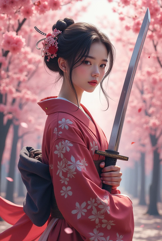 A woman in a kimono holding a sword in a realistic style、Women have teardrop moles、The scenery is Senbonzakura
