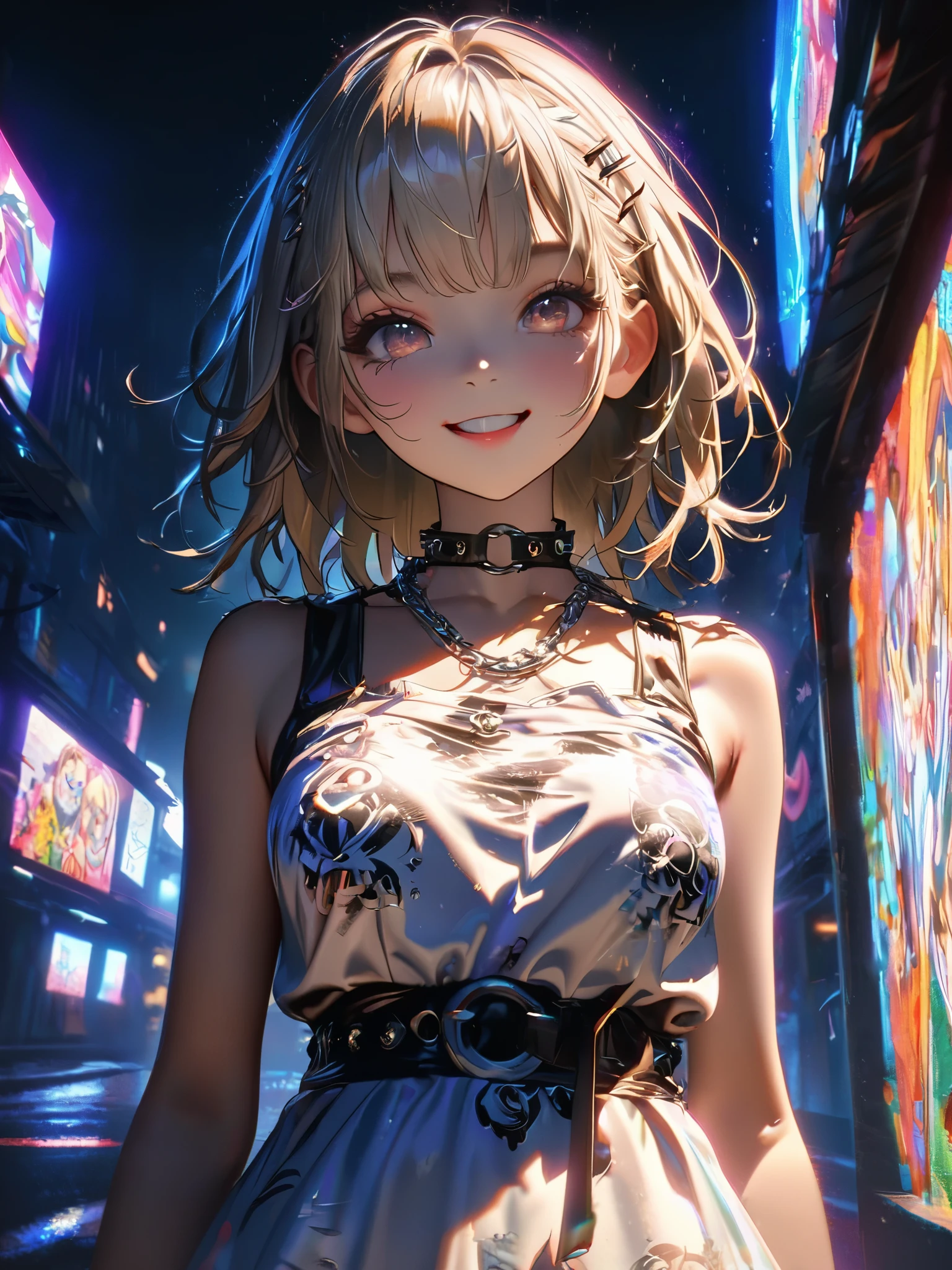 1 person, chromatic aberration, Written boundary depth, Soft Light, masterpiece, Highest quality, complicated, Tone Mapping, A place where fireworks are set off at festivals. Concept Art, Smooth, Clear focus, Dramatic lighting, Very cinematic, super practical painting, アートステーション's trending, 8k, Incredible Shadows, practical, whole body, View, Viewers, Portrait of a Girl 1, standing on street corner, Heavy rain and lightning、Dark Sky, neon and cyber punk background, she is dressed in punk clothing with silver chains and silver spikes, Her hair was dyed light brown....................Ominous aura of light, smile, punk, ciber punk, Backlight.Fashionable clothes、Friendly dress code: wearing cute white dress.My breasts are a little big