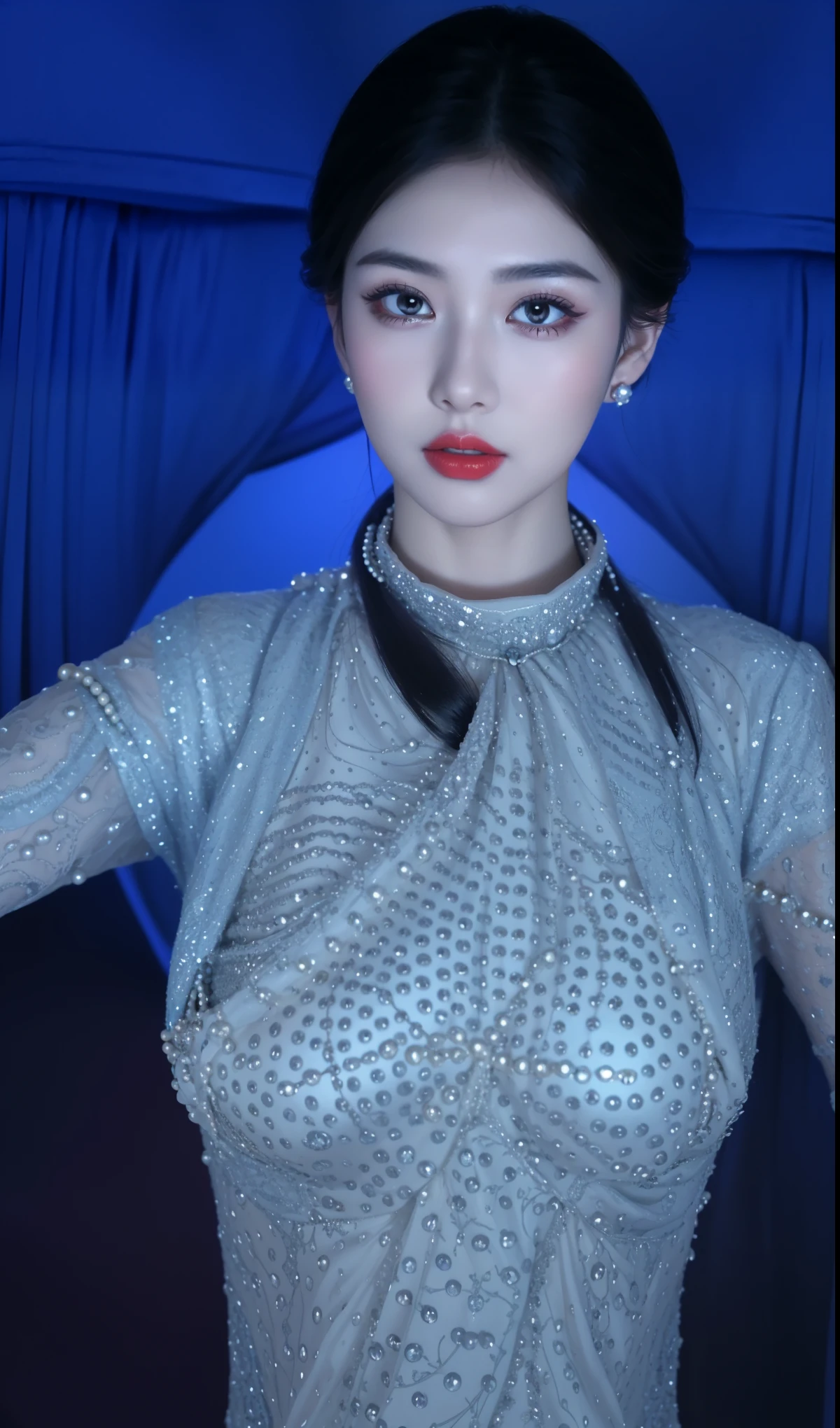 Very detailed, Delicate face, Realistic style, Stock Photography , rich and colorful, Surrealism, Realistic textures, Dramatic Lighting, Distiller 800 (8K, original photo, Better quality, masterpiece: 1.2), Very detailed, (Extremely delicate skin: 1.2), 8K Ultra HD, SLR camera, Soft Light, high quality, 冰冻Queen,Snow Castle,Blue pupils,Apply red lipstick,Queen,Gorgeous clothing, Gold Jewelry,Printed lace,Silk dress,Pearls, diamonds, and gems,Moon Goddess,Silver Diamond Armor,