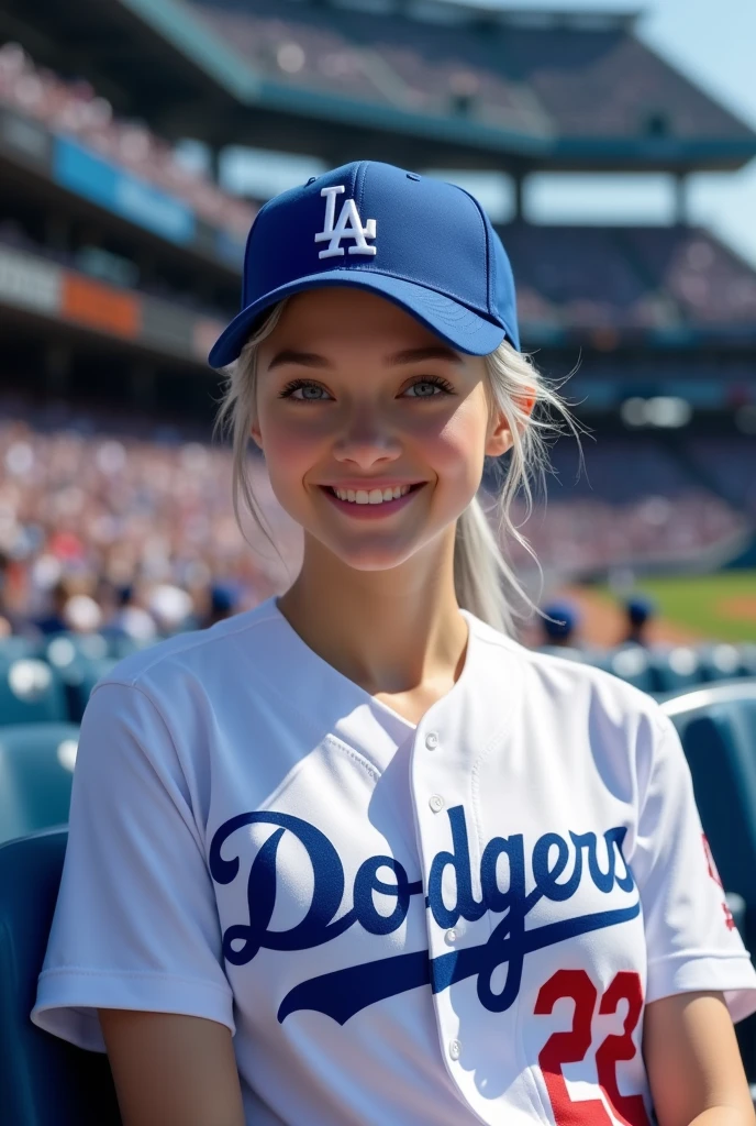 (original photo, best quality, masterpiece: 1.2), (Realistic: 1.4), Optimal lighting, 20 years old, (light gray hair, shortcut, hair covering ears, Symmetrical eyes, White skin, alone, Delicate skin, Detailed Background:1.2),　Front view, Smiling, From the stadium to the auditorium, Sitting in the stands at a baseball stadium and watching the game, Holding iPhone 15 Pro in one hand, A lot of viewers, Wearing a Los Angeles Dodgers baseball cap and the Los Angeles Dodgers, Large Breasts, Accessories, hair tied back, daytime, exposed to sunlight