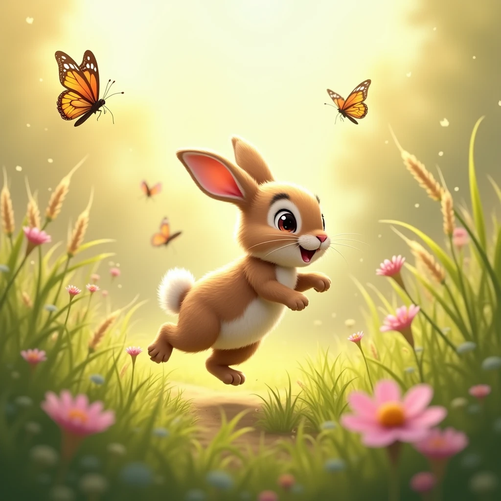 sunny day, little brown bunny hopped so high through the meadow chasing butterflies