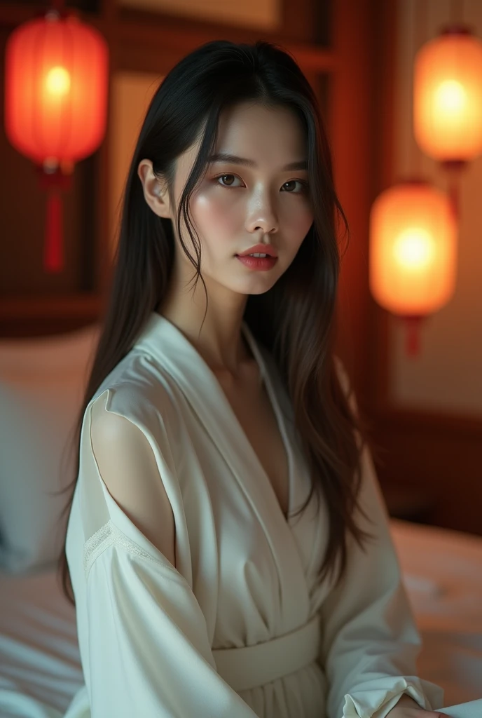 1 Fashion Model [[[[close up]]]], [[[[neck]]]], [[[[Shoulder]]]], (((Complete head)))，(((Complete hairstyle)))，Perfect eyes, Perfect Iris，Perfect lips，Perfect Teeth，Perfect skin，White skin，Soft headlights，High-density imaging，Black long hair，（Clean and delicate face），((White Hanfu))，((Half-length photo))，((night))，((Chinese Lanterns))，((Various dynamic poses))，((The background is the bedroom))，best quality，masterpiece，（Soft colors：1.2）