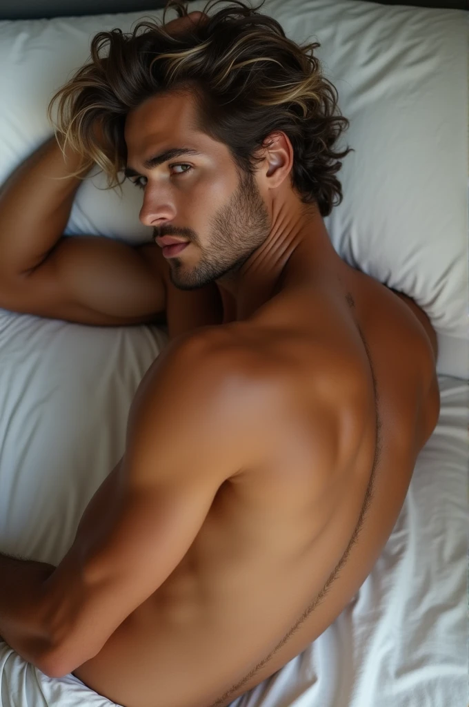 up athletic man 20 years young,(LachowskiFrancisco) , has tanned skin, faded brown hair with white highlights, Your hair is curly. Your eyes are natural green, has a rounded beard, besides a thin little mustache, wetty hair,he is showing his ass, he is lying on a white bed, with your ass up