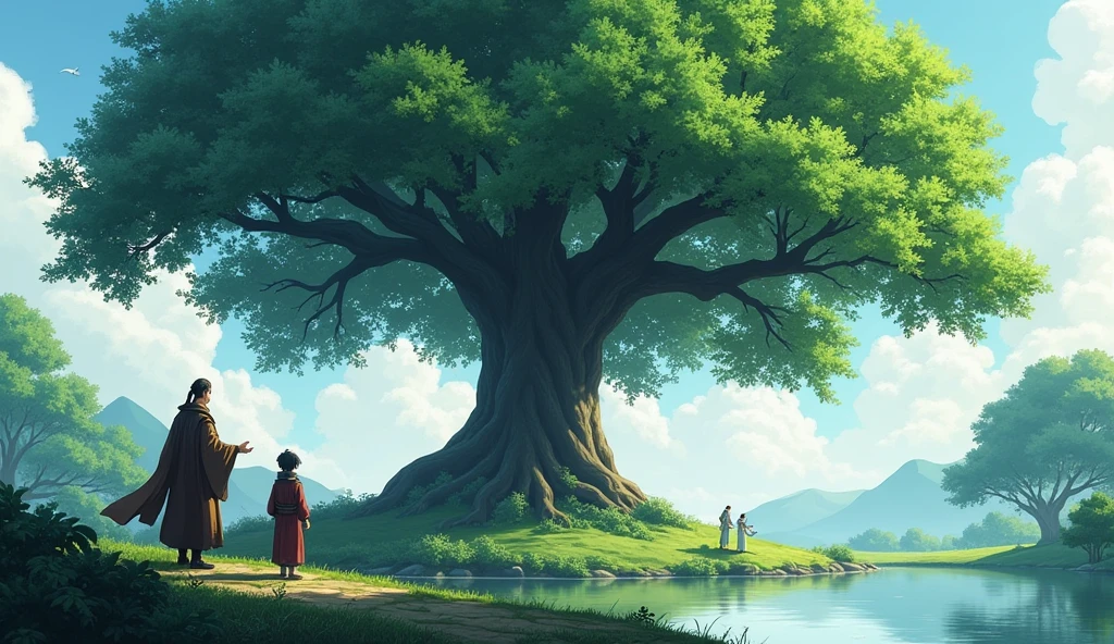 "A large, majestic oak tree stands tall near the pond, its roots firmly anchored in the ground. The tree's thick trunk and wide-reaching branches have endured many seasons, symbolizing resilience and stability. Master Koji points toward the oak tree, his face calm and wise, while Hiro a adult manlooks on with curiosity and reflection. The sunlight filters through the tree's leaves, casting dappled shadows on the ground, adding to the scene's sense of timeless
