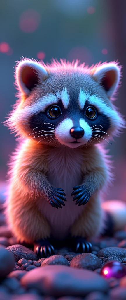 A mesmerizing 3D render of a captivating and colorful conceptual art piece. A realistic, extra fluffy baby raccoon is meticulously formed using an array of brilliant, multi-colored stones that perfectly mimic the fur's shimmer and glow. The raccoon appears to come alive, creating a mesmerizing effect. The background seamlessly transitions from deep blues to purples, adding depth and dimension to the scene. The enchanting and magical atmosphere draws viewers into the captivating world, making it perfect for a fantastical setting., vibrant, 3d render, photo, illustration, conceptual art