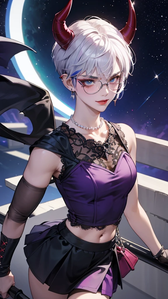 8k, masterpiece, best quality, highly detailed, 1 girl, tiefling, warlock, pixie cut, multicolored hair, very short straight hair red highlight hair on white hair, strippled hair, wearing glasses, round glasses, earrings, navel piercing, red eyeshadow, long eyelashes, blushed cheek, red lips, pearl necklace, rings, collarbone, mole on face, glamorous, teal and purple clothes, sleeveless, miniskirt, smirk, close up view, rings, looking at viewer, demon horns, solo, starry sky, pale blue moon, standing, boxing stance, demonic arms, chains on the background, black lace gloves.