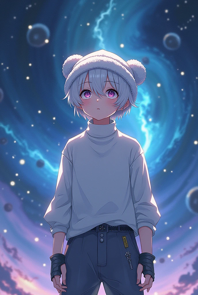 White hair Anime style waking up, hum face, cosmic eyed ushanka(whiter) hat, whiter turtle neck shirt, grunge cyber vamp y2k pants, boy, version roblox 