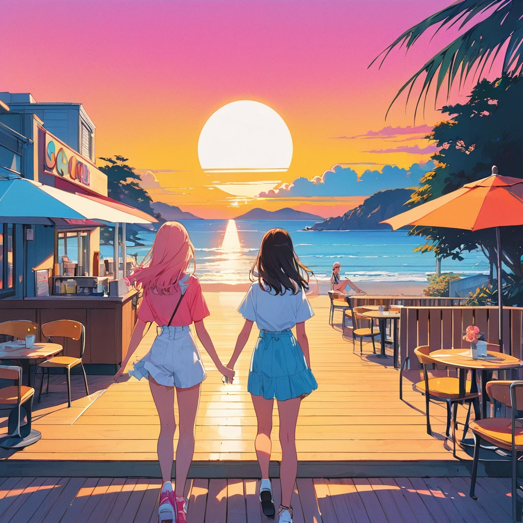 (masterpiece, best quality:1.1),90s record cover art,city-pop,title of the song is "end of summer",end of summer,cafe,wood deck,fashionable,two girls,joy,seaside,sunset,enoshima, inspired by Hiroshi Nagai cmyk palette,illustration by Hisashi Eguchi,(white outline),