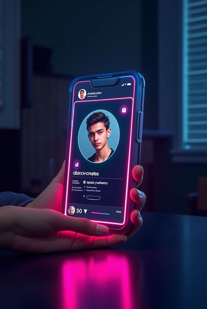 Create a Instagram profile on glass id card on a Black desk displaying Instagram logo and realistic profile photo of a teenage boy in circle and" Danny Creates" is written in bold fonts under the profile photo and 100k Followers written, the Instagram card is glowing in pink and blue color on the edge, One corner is held with two fingers....less