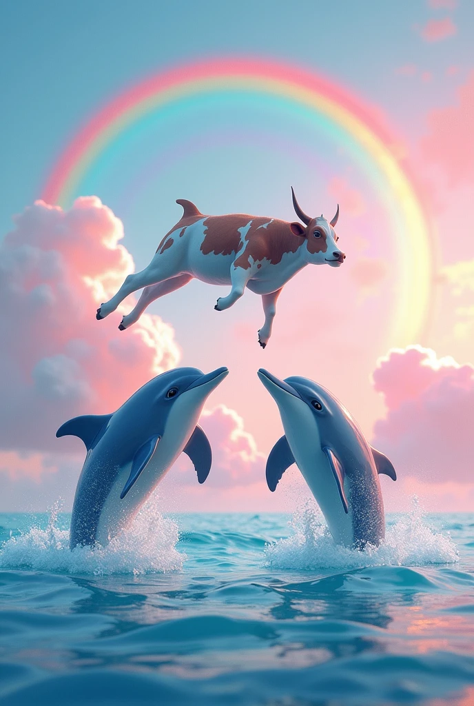 Generates an image of two dolphins coming to the surface with pastel colors and a cow flying with a rainbow in the background, a little realistic but not too much, and more vibrant colors, more colors and details, pastel colors.