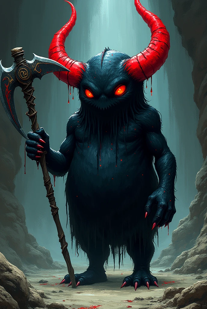 Manga character, black slime, red horns, two hands, two legs, holding a reaper's scythe.