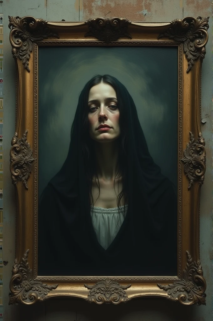 Ghostly Portrait**: "A large, ancient portrait of a sorrowful woman hanging in a dimly lit hall. The woman in the painting seems almost lifelike, her eyes filled with sadness as she gazes out at the viewer. The frame is ornate but tarnished, and the background is dark and indistinct."
