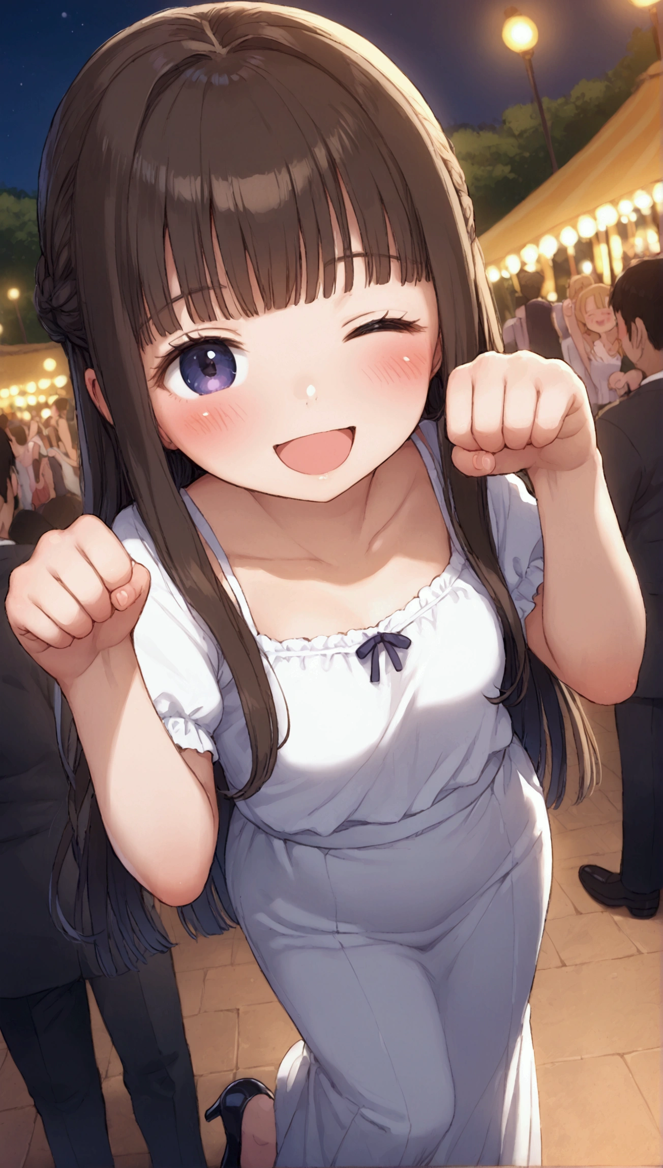 highest quality,best quality,1girl,((crowd:1.3)),((orgasm,blush, sweat, tears, tongue out:1.3)), open mouth,Tachibana Arisu,((long hair,straight hair:1.3)),hair ribbon,idol,blue dress,mini skirt,white kneehighs,panty shot,upskirt,lift skirt,white panties,lace panties,stage,Hand in panties,((((put one hand in your panties:1.3)))),((wet,pussy juice:1.1)),squatting,open legs