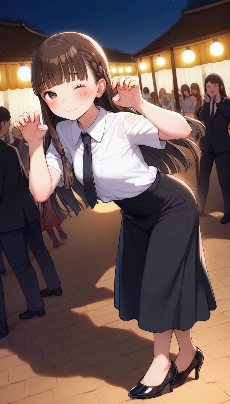 {Highest quality}, {so beautiful},{Ultra-fine},{Best illustrations},Brown Hair,Hime cut,Long Hair,Braiding,One Woman,Standing woman,Adult female,smile,??????? face,Wink,OL,suit,White Shirt,Short sleeve,Black straight long skirt,Night Festival,blush,thin,Black stiletto heels,From an angle,From behind,Woman with legs closed,Put your hands out in front of you,Cat Pose,Cat pose