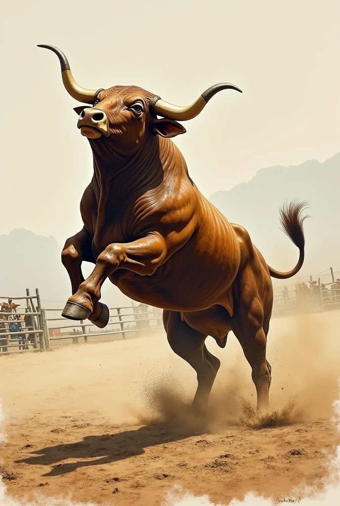 Drawing of a lone rodeo bull jumping