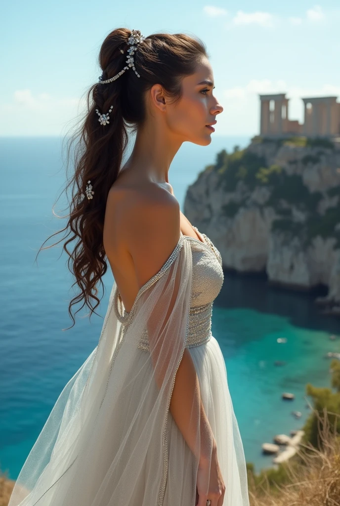 A majestic and ethereal woman stands gracefully on a cliff overlooking a stunning coastal landscape, bathed in the soft light of the afternoon sun. She is draped in a flowing, shimmering gown that reflects the light like liquid silver, enhancing her regal and divine appearance. The gown clings to her form with elegance, flowing seamlessly into the wind, and catching the light with every movement. looking at the camera
Her hair, wavy brunette, is intricately styled into a high ponytail that cascades down her back in elaborate braids. The braids are adorned with delicate silver chains and jewels that sparkle in the sunlight, adding to her celestial aura. Her eyes are serene and thoughtful, gazing out over the vast, tranquil sea that stretches out below her.
The background features a breathtaking view of ancient ruins perched on cliffs, with the turquoise waters of the Mediterranean Sea lapping gently against the rocky shoreline. The sky is clear and blue, with a few wisps of clouds adding to the serene and idyllic atmosphere. The setting evokes a sense of timeless beauty, as if she is a goddess watching over her ancient domain.
Side profile shot, with soft, natural lighting that enhances the ethereal and serene elements of the scene. The overall mood is one of timeless elegance, divine beauty, and tranquility, focusing on the harmonious blend of the character's celestial appearance and the majestic landscape. ((best quality:1.6)), ((high details:1.5)), ((natural lighting:1.4)), ((divine presence:1.3)), ((UHD:1.5)), ((cinematic:1.4))
