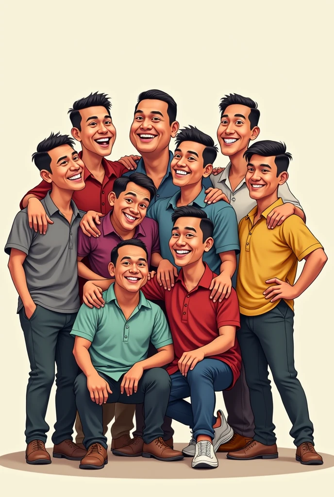 Create a caricature-style illustration featuring 11 Indonesian men posing together for a group photo. One of the men should be depicted with a larger, more robust body, adding a humorous and friendly touch to the scene. Each character should have distinct Indonesian facial features, traditional or casual clothing, and cheerful expressions. The overall tone should be light-hearted, celebrating diversity and friendship among the group."