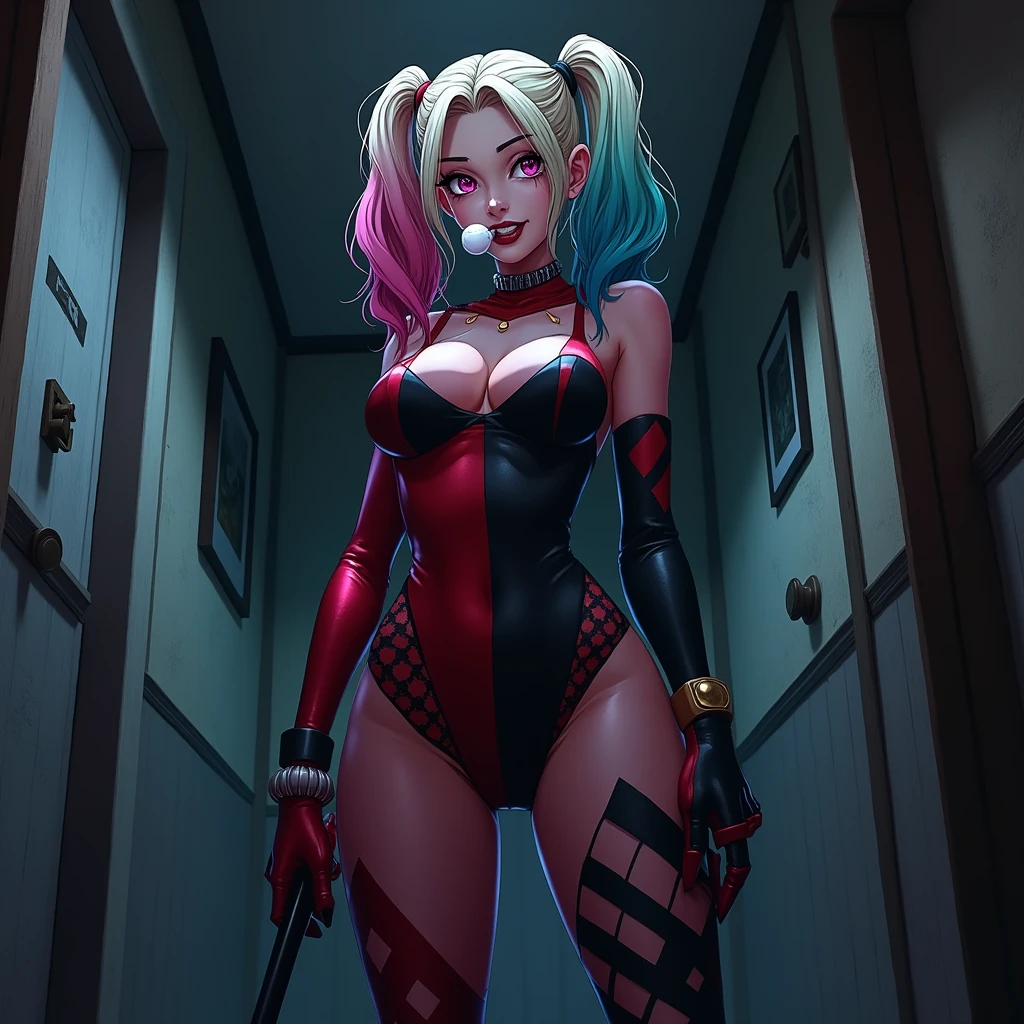 HarleyWaifu shooting a gun:1), (blue eyes, mask, domino mask, hat, bodysuit, jester cap, makeup, facepaint, gloves), (makeup), curvy, looking at viewer, evil smile, :D, leaning forward, cute pose, from below, (detailed landscape, bank, moeny, dollars:1.2), (background:1), (dynamic_angle:1.2), (dynamic_pose:1.2), (rule of third_composition:1.3), (dynamic_perspective:1.2), (dynamic_Line_of_action:1.2), solo, wide shot, (masterpiece:1.2), (best quality, highest quality), (ultra detailed), (8k, 4k, intricate),(full-body-shot:1), (Cowboy-shot:1.2), (50mm), (highly detailed:1.2),(detailed face:1.2), detailed_eyes,(gradients),(ambient light:1.3),(cinematic composition:1.3),(HDR:1),Accent Lighting,extremely detailed,original, highres,(perfect_anatomy:1.2),