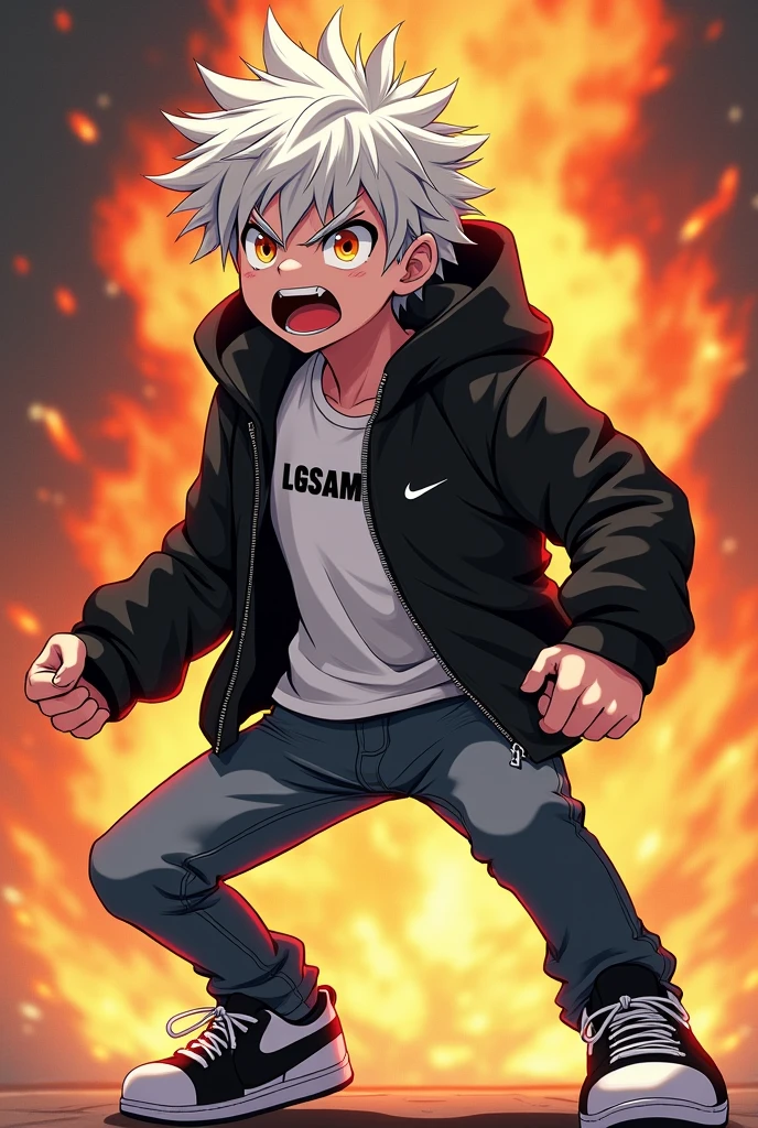 Make a handsome anime with slim body and cute face , white coloured hair in rage and beast mode in jeans and Nike sneakers and black louis vuitton jacket underneath of it a Nike white coloured tshirt with LGSamrat as written and black and white Nike sneakers with fiery background