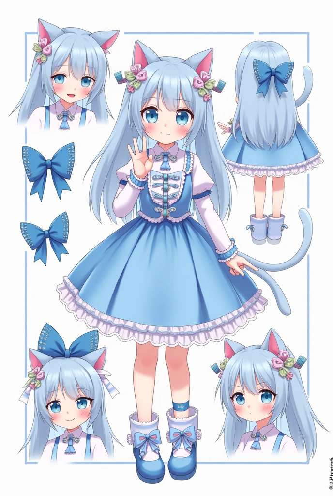 Character reference sheet, girl cat decora fashion catgirl kawaii blue and white 