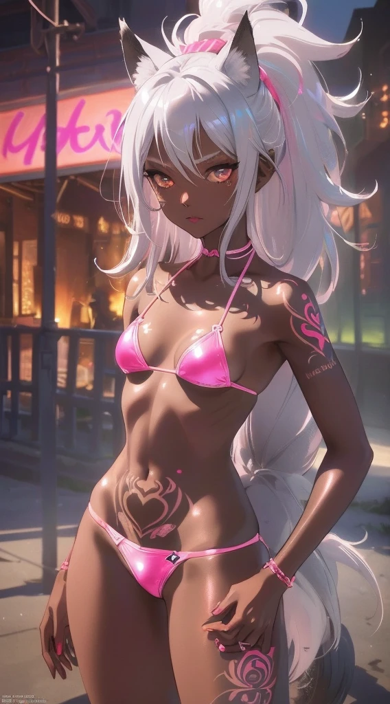 Dark skin,silver hair,fox girl,,medium hair,(small breasts),((tattoo)),(pink bikini),(latex),(wedgie),High quality,Ultra detailed, best quality,insanely detailed,beautiful,masterpiece,cowboy shot