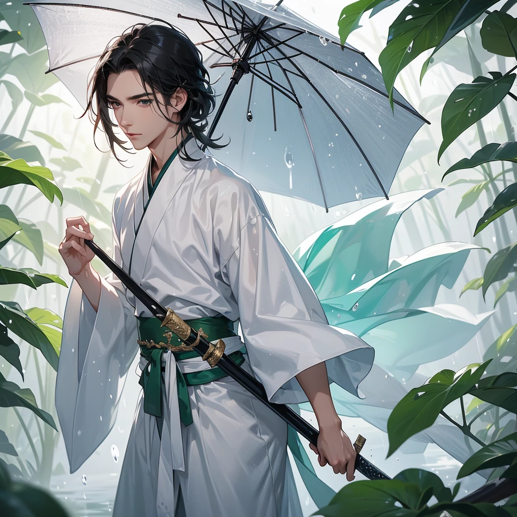 A Handsome black-hair male holding a large sword in white hanfu dress, close up.
Stand holding an umbrella to protect from the rain. Rain fell and splashed around. There are water droplets falling on the leaves in the surrounding area, green and moist, the atmosphere after rain.