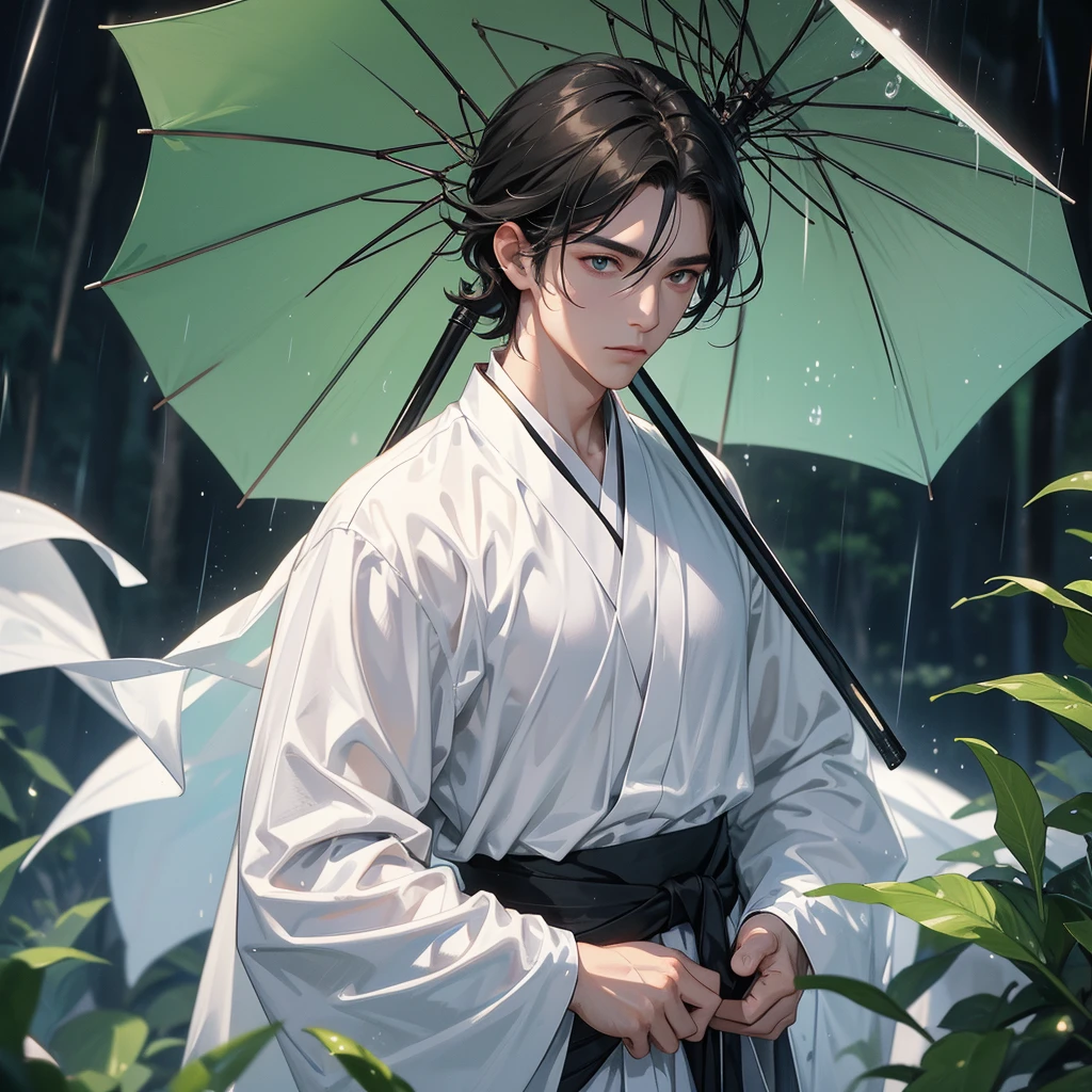 A Handsome black-hair male holding a large sword in white hanfu dress, close up.
Stand holding an umbrella to protect from the rain. Rain fell and splashed around. There are water droplets falling on the leaves in the surrounding area, green and moist, the atmosphere after rain.
