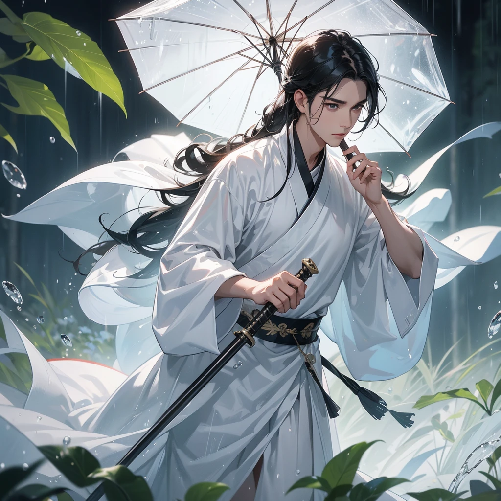 A Handsome black-hair male holding a large sword in white hanfu dress, close up.
Stand holding an umbrella to protect from the rain. Rain fell and splashed around. There are water droplets falling on the leaves in the surrounding area, green and moist, the atmosphere after rain.